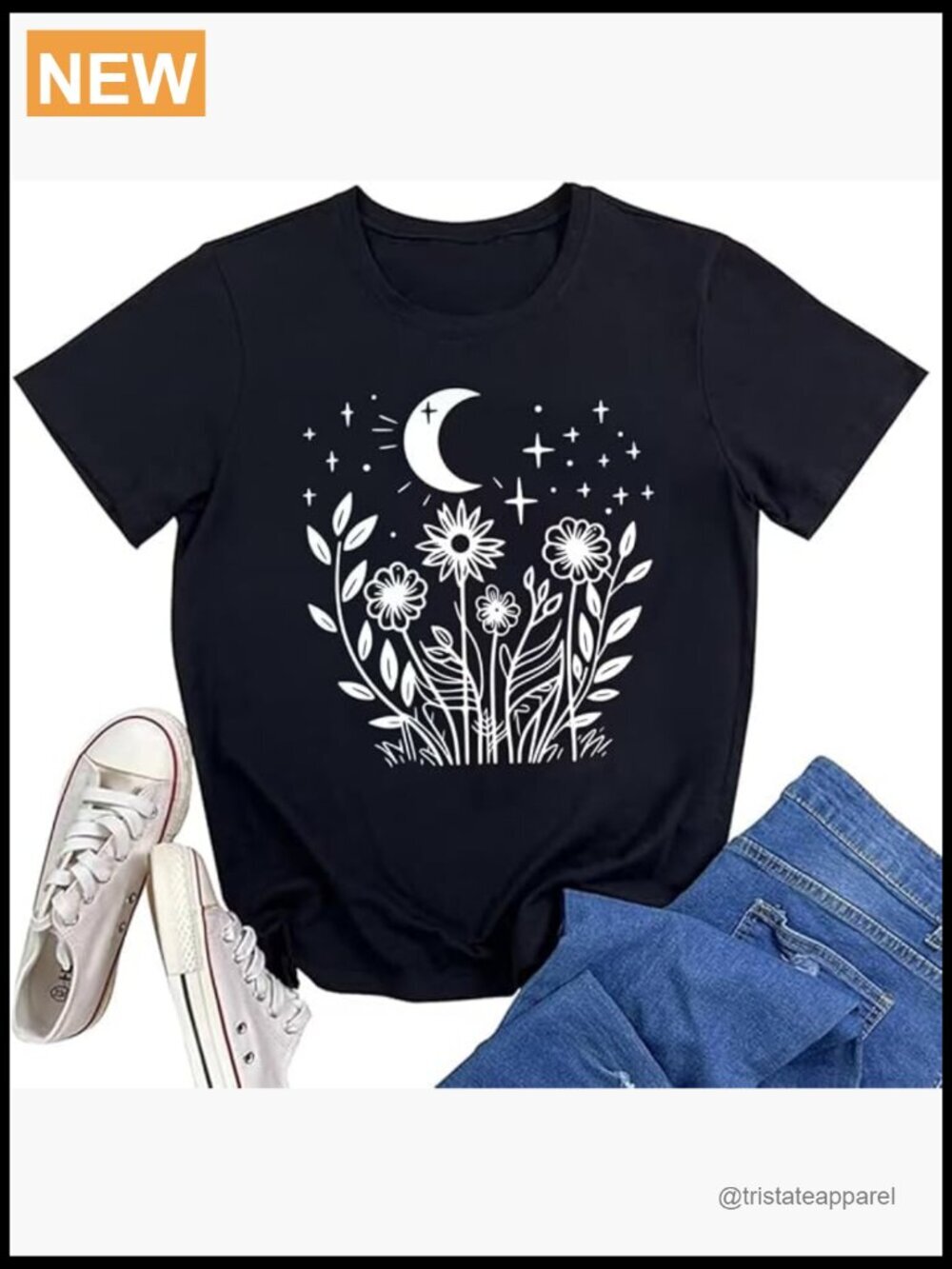Vintage Boho Floral Moon Graphic T Shirt Short Sleeve Tee Top